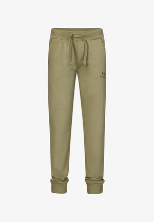 Olijfgroene katoenen sweatpants met een elastische tailleband, koord, zijzakken en geribde boorden. Bevat een bedrukte logo op het linkerbeen.