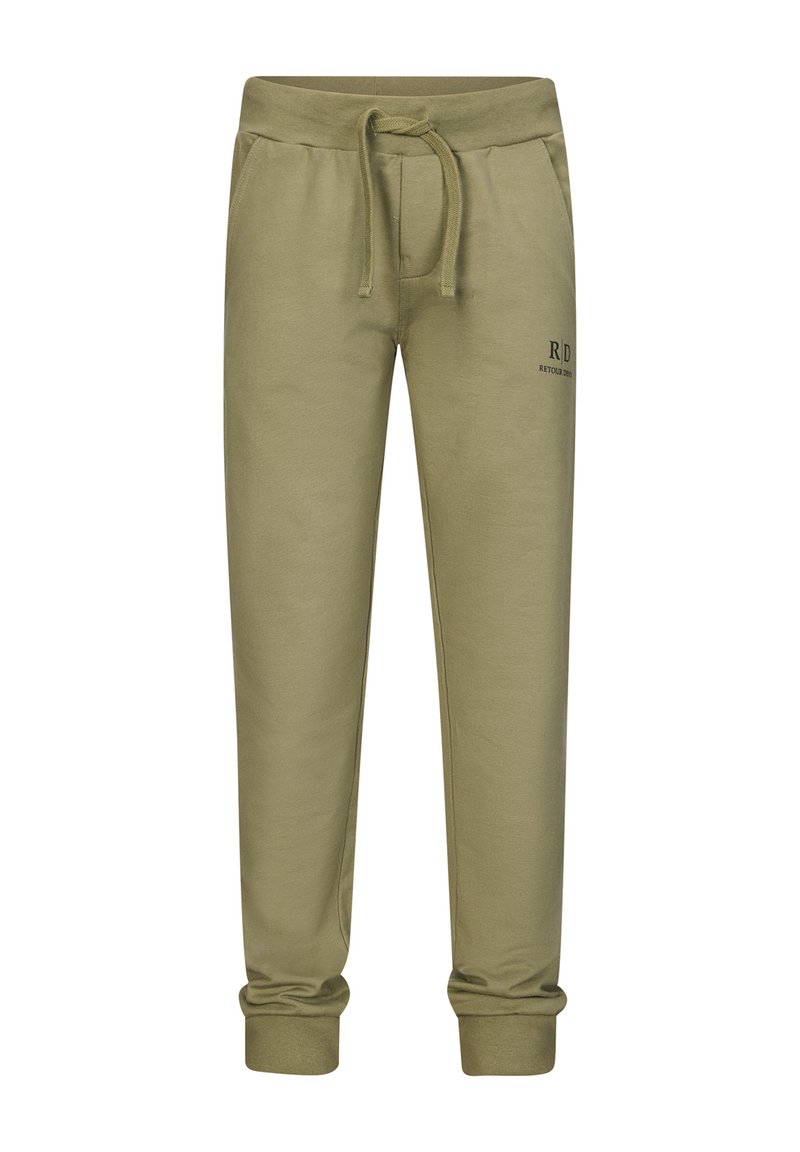 Olivgrüne Baumwoll-Sweatpants mit elastischem Bund, Kordelzug, Seitentaschen und gerippten Bündchen. Mit bedrucktem Logo am linken Bein.