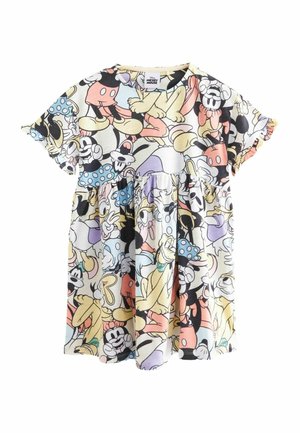 Robe à manches courtes pour enfant avec un imprimé coloré et intégral de personnages Disney, notamment Mickey Mouse, Minnie Mouse, Pluto et Donald Duck.
