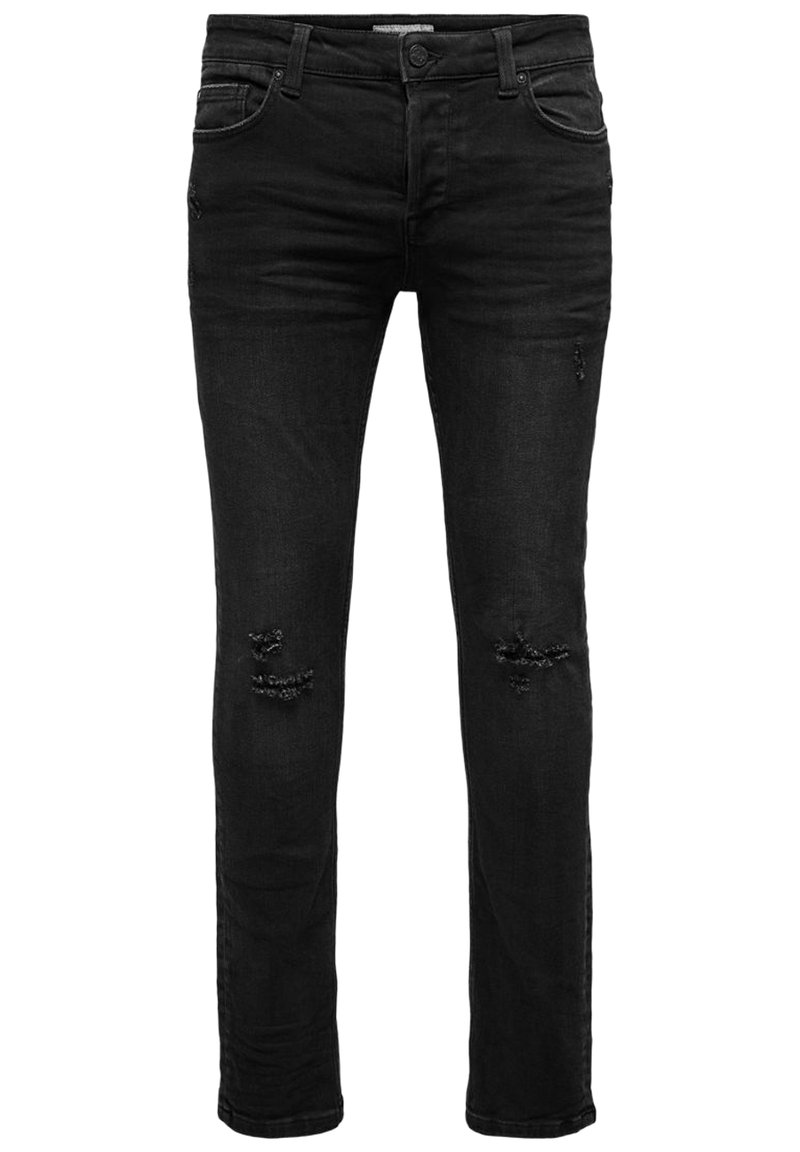 Jeans de mezclilla negra, de corte ajustado, con tiro medio, que presentan detalles desgastados en las rodillas, cinco bolsillos y un cierre de botón en la cintura.
