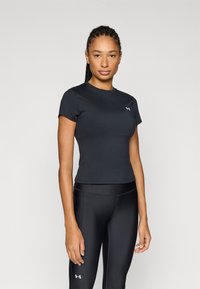 Black fitted T-shirt made of lightweight fabric with short sleeves and a round neckline, featuring a small logo on the left chest.