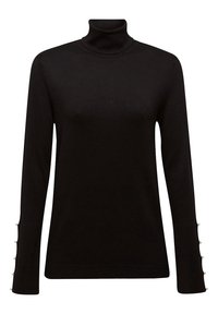 Černý rolákový svetr s dlouhými rukávy, zdobený knoflíky na manžetách a s hladkou, přiléhavou texturou.