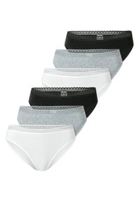 Viisi paria naisten alushousuja mustana, harmaana ja valkoisena. Valmistettu puuvillasekoitteesta, jossa on pitsireunaiset vyötäröt ja klassinen bikini-muotoilu.