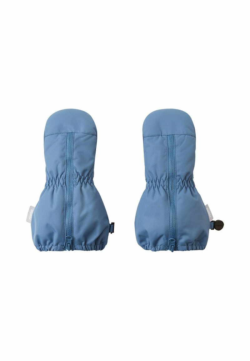 Niebieskie dziecięce rękawiczki wykonane z miękkiego, wodoodpornego materiału. Posiadają elastyczne mankiety, zapięcia na zamek oraz zaokr�ąglony czubek.