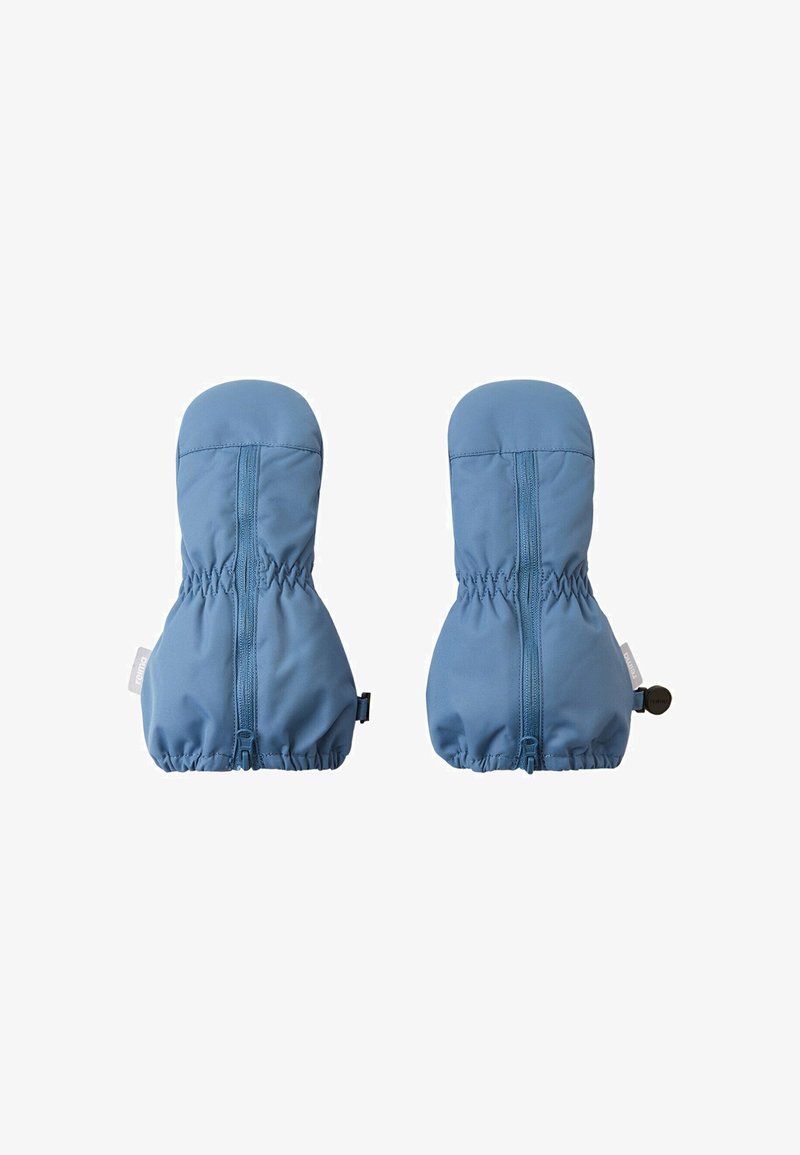 Blaue Kinderhandschuhe aus weichem, wasserabweisendem Material. Mit elastischen Bündchen, Reißverschluss und rundem Abschluss.