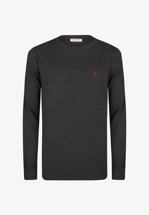 Ciemnoszary sweter wykonany z miękkiego materiału, z okrągłym dekoltem i długimi rękawami. Małe czerwone logo ptaka po lewej stronie klatki piersiowej. Żebrowane mankiety i dół.