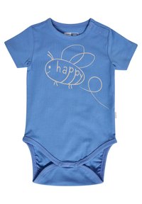 Blå kortärmad bodysuit i bomull med ett tryckt bi-mönster och ordet "happy" i ljusbeige färg. Tryckknappsstängning vid halsringningen.