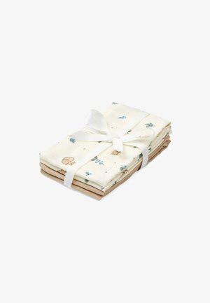 Neljä vauvan musliinikangasta, jotka ovat kerma- ja ruskeita, kukkakuviot, ja valkoinen nauha turvalliseen pakkaamiseen. pehmeä, teksturoitu kangas.