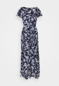 Mörkblå maxiklänning med vit blommig tryck, korta ärmar, rund halsringning och ett matchande tygbälte knutet i midjan.