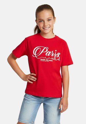 Rood T-shirt met korte mouwen met het woord "Paris" in witte cursieve letters en een skyline-silhouet. Gemaakt van katoen, losse pasvorm.