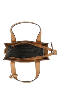 Tan leather handbag with dual handles. Features an open top and interior zip pocket, lined with black and white striped fabric.