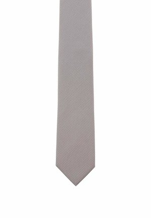 Light gray tie with a textured pattern featuring small, vertical lines. Narrow shape with a pointed tip, made from smooth fabric.