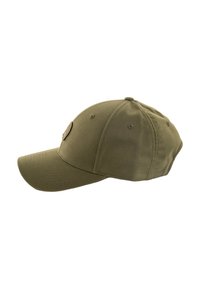 Gorra de béisbol verde oliva con visera curva, fabricada en algodón, con un parche de logo redondo en la parte frontal y detalles cosidos.