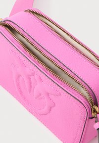 Bolsa transversal de pele rosa com compartimentos duplos com fecho, ferragens em dourado, detalhes em relevo e superfície texturizada. Design compacto para fácil transporte.