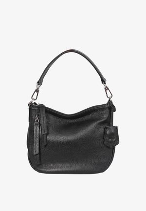 Black leather handbag with a textured finish, curved silhouette, single short strap, and zip closure. Features a small front pocket.