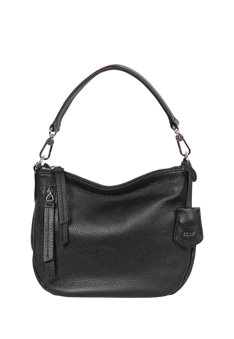 Black leather handbag with a textured finish, curved silhouette, single short strap, and zip closure. Features a small front pocket.