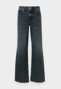 Dark wash denim flared jeans with a high waist, featuring five pockets, a button closure, and subtle fading details on the fabric.