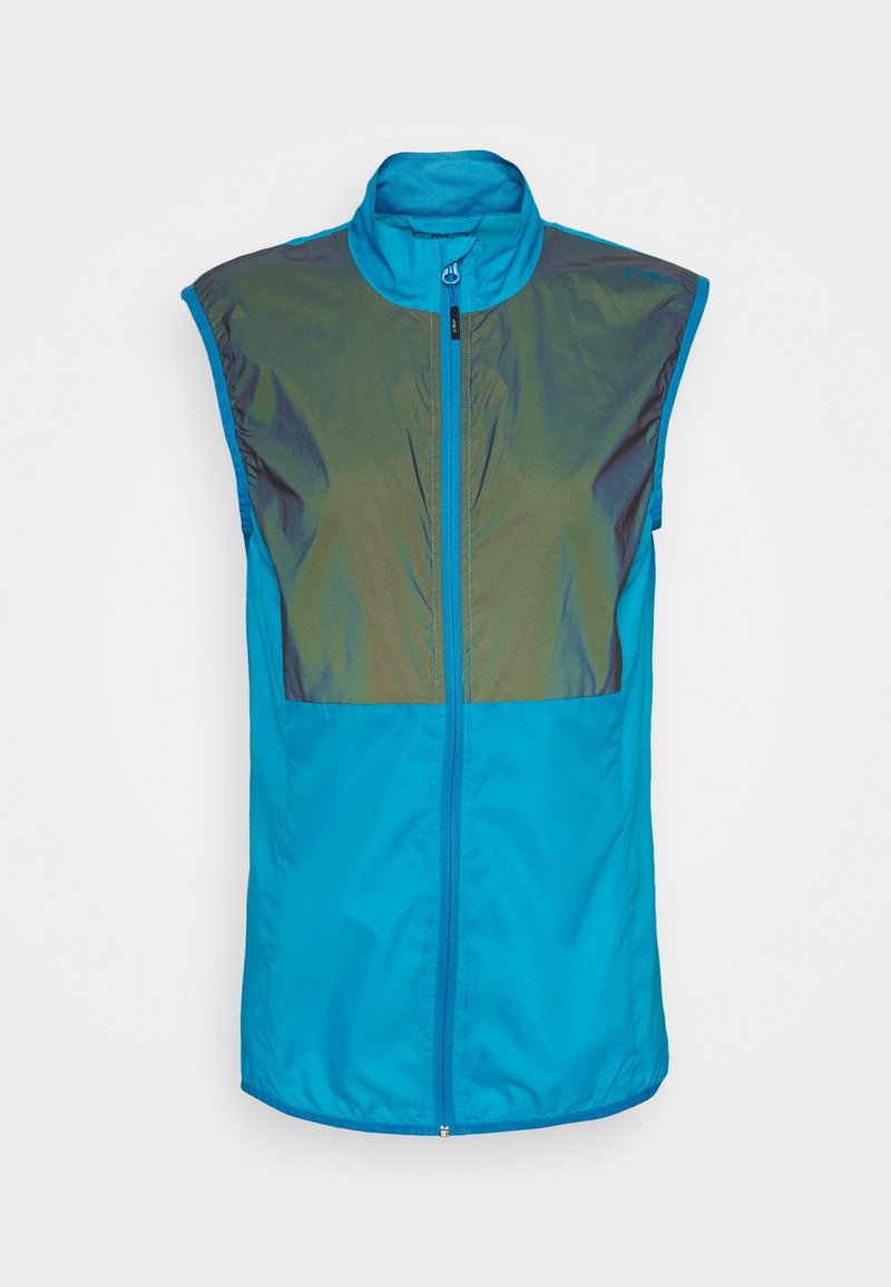 Veste sans manches légère bleu et gris foncé zippée avec col montant, conçue pour une utilisation en extérieur ou pour le sport.