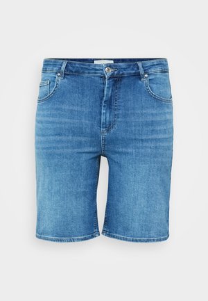 Denim shorts in mid-blue color, featuring a straight cut, five-pocket design, and a button closure. Soft texture, clean hemmed edges.