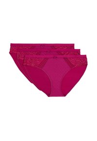 Set di tre paia di mutandine magenta da donna con delicati dettagli in pizzo, texture a pois e fiocchi in vita.