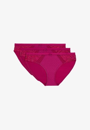 Pack de tres braguitas de mujer en magenta con delicados detalles de encaje, textura de lunares y lazos en la cinturilla.