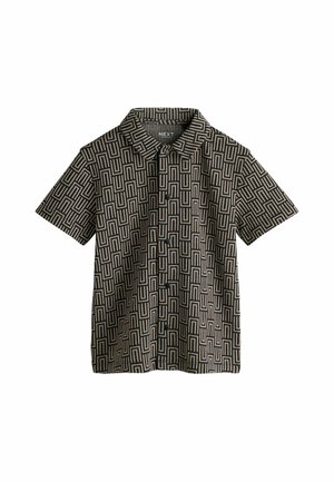 Short-sleeve button-up shirt with black and beige geometric rectangular pattern and a collar, labeled Next.