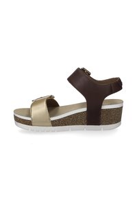 Braun-goldene Wedge-Sandale mit Kork-Zwischensohle, verstellbarem Riemen und strukturiertem Außensohle. Verfügt über eine metallische Oberfläche und ein Slip-On-Design.