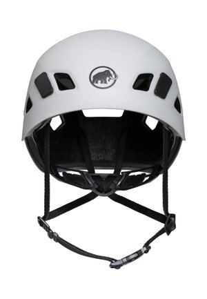 White climbing helmet with vent holes, internal padding, and adjustable black straps. Features a black logo of a mammoth on the front.