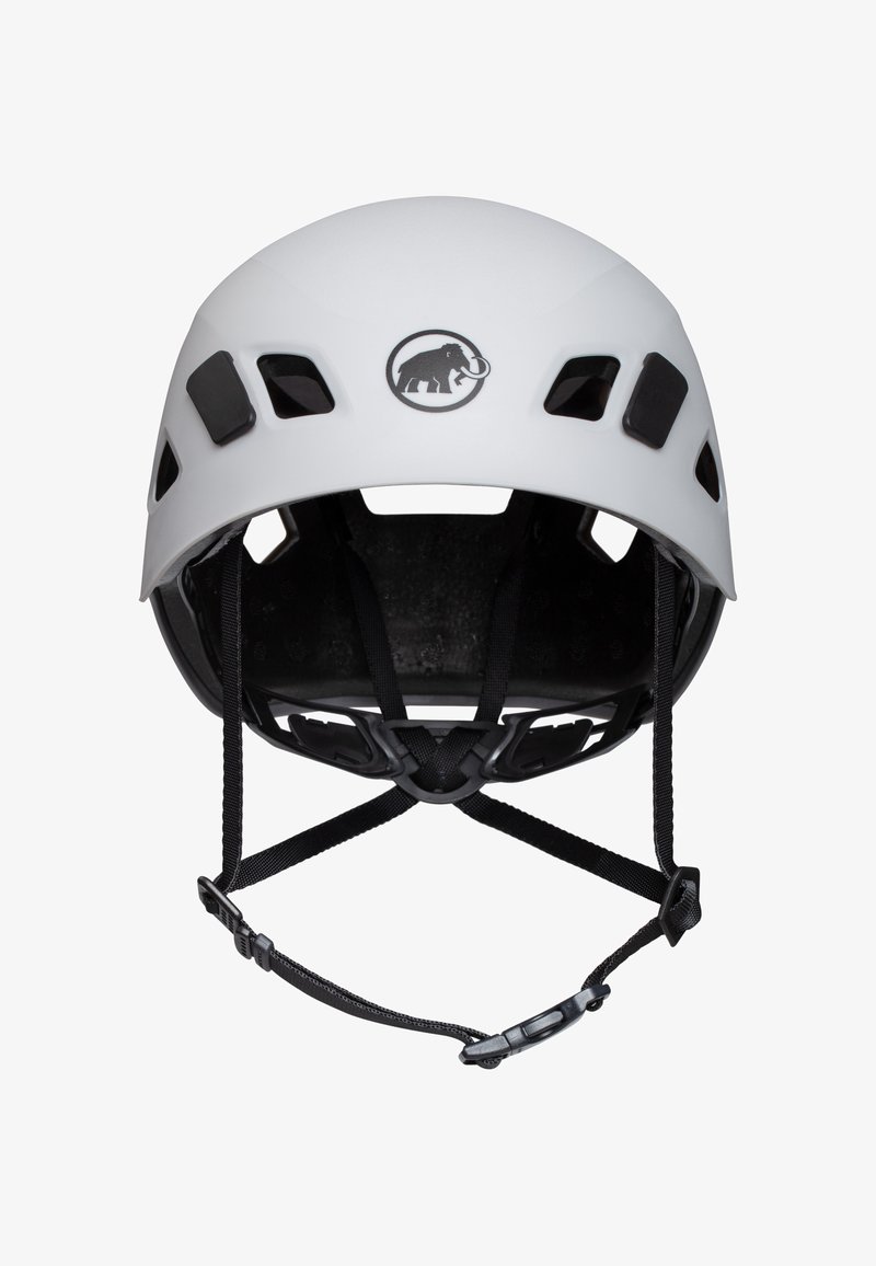 Hvid klatrehjelm med ventilationshuller, indvendig polstring og justerbare sorte stropper. Har et sort logo af et mammut på fronten.