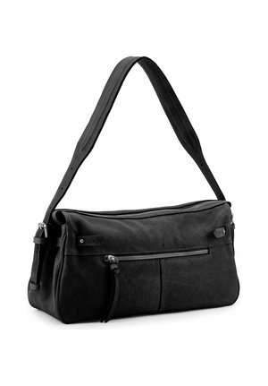 Schwarze Leder-Umhängetasche mit verstellbarem Riemen, vordere Reißverschlusstasche und strukturierter Oberfläche, konzipiert für den täglichen Gebrauch.