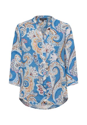  Lichtblauw overhemd met knopen en een paisley patroon in crèmekleur, bruin en roze. Heeft een kraag en driekwart mouwen, gemaakt van een zachte stof.