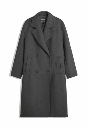 Cappotto lungo doppio petto in lana grigia scura con ampi risvolti e due tasche laterali, esposto piatto su sfondo bianco.