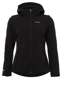 Giacca softshell nera con cappuccio, cerniera frontale, tasche laterali e design aderente. Presenta un tessuto liscio e un marchio discreto sul petto.