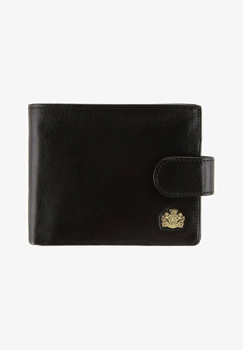 Zwarte leren portemonnee met een gladde textuur, voorzien van een drukknoopsluiting en een gouden logoaccent in de onderste hoek. Rechthoekige vorm.