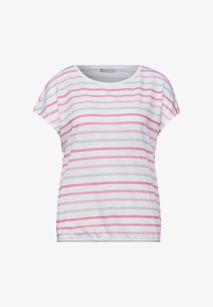Biały top z krótkim rękawem w poziome różowe i szare paski, z okrągłym dekoltem i luźnym krojem marki Street One.