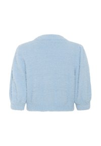 Lichtblauwe, fuzzy gebreide trui met lange mouwen, geribbelde manchetten, zoom en kraag, van achteren weergegeven op een witte achtergrond.