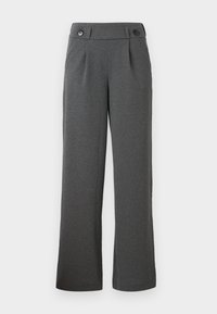 Pantalon large gris foncé avec taille haute et détails de boutons sur la ceinture, plis à l'avant, sans poches visibles.