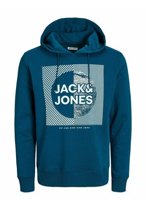 Teal cotton hoodie with a front graphic featuring "JACK & JONES" in white, bordered by striped and dotted patterns. Adjustable drawstring hood.