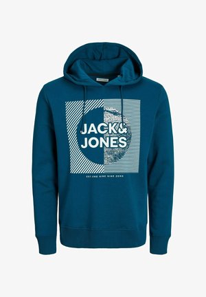 Teal cotton hoodie with a front graphic featuring "JACK & JONES" in white, bordered by striped and dotted patterns. Adjustable drawstring hood.