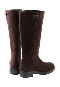 Brown suede knee-high boots with a smooth texture, featuring a side buckle accent and a black rubber sole. Classic and versatile design.
