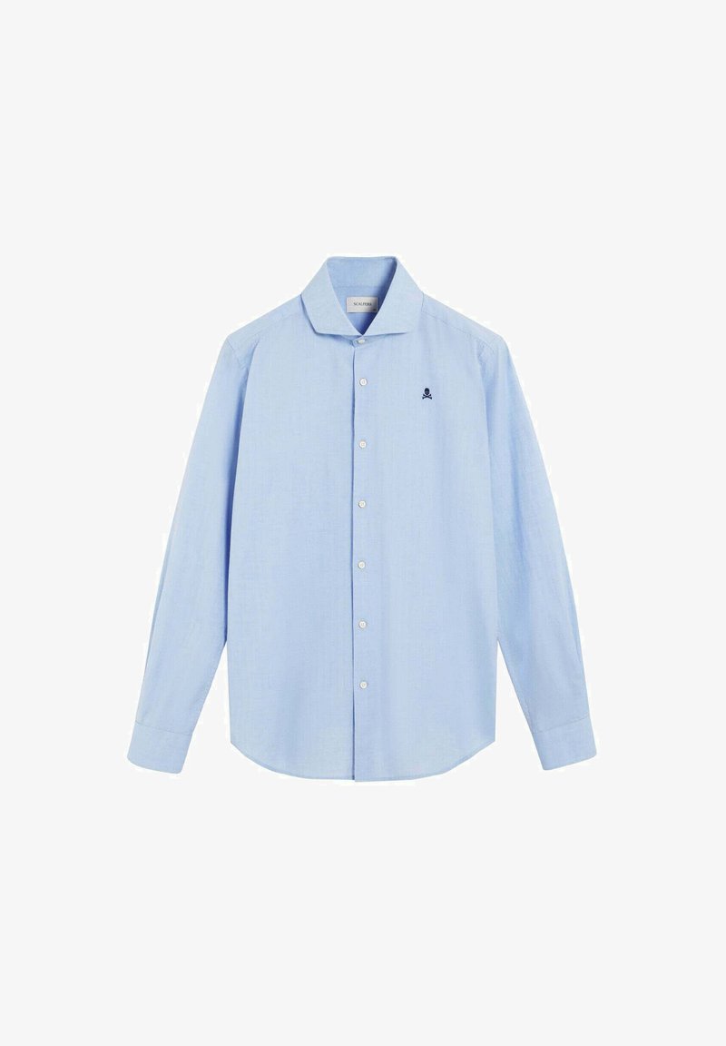 Camicia azzurra chiara a maniche lunghe realizzata in tessuto tessuto. Presenta un collo classico, chiusura con bottoni e un piccolo logo di teschio ricamato in nero sul petto.