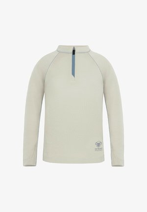 Langärmeliger Pullover in hellem Beige mit halbem Reißverschluss am Kragen und kontrastierender blauer Naht. Kleines Logo an der unteren Vorderseite.