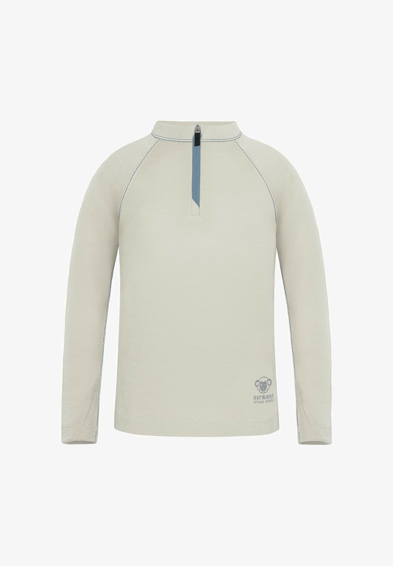 Langärmeliger Pullover in hellem Beige mit halbem Reißverschluss am Kragen und kontrastierender blauer Naht. Kleines Logo an der unteren Vorderseite.