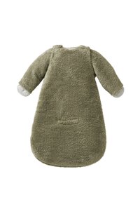 Grüner, flauschiger Frotteestoff-Schlafsack mit langen Ärmeln, rundem Halsausschnitt und einem kleinen Fronttaschen-Detail. Weiche graue Akzente an den Ärmelabschlüssen.