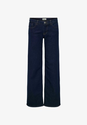 Jean large bleu foncé avec une conception classique à cinq poches, doté d'une fermeture à bouton sur le devant et de détails de couture subtils. Fabriqué en denim.