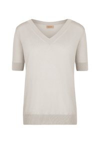 Ljusbeige kortärmad V-ringad tröja i ett mjukt, texturerat material. Enfärgad med ribbstickade detaljer vid ärmar och fåll. Klassisk, minimalistisk design.