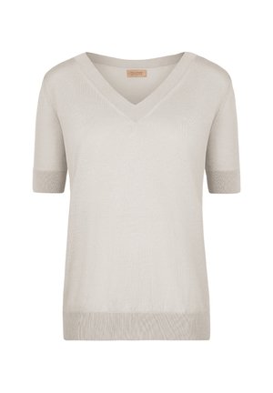 Jasno beżowy sweter z krótkim rękawem i dekoltem w serek, wykonany z miękkiego, fakturowanego materiału. Gładki kolor z prążkowaniem na rękawach i dole. Klasyczny, minimalistyczny design.