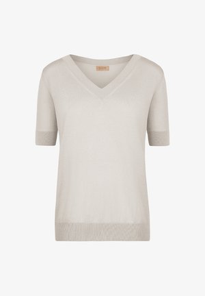 Lysebeige kortærmet V-hals sweater i blødt, tekstureret materiale. Ensfarvet med ribstrikkede detaljer ved ærmer og kant. Klassisk, minimalistisk design.