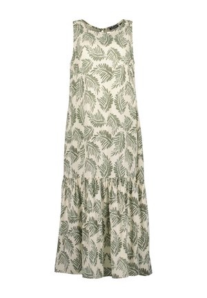 Sukienka midi bez rękawów z kremowej tkaniny w zielony wzór liści. Posiada falbaniany dół i okrągły dekolt dla luźnego kroju.