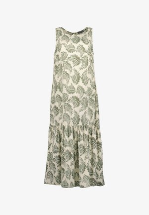 Robe midi sans manches en tissu crème avec imprimé de feuilles vertes. Caractérisée par un ourlet à volants et un col rond pour une coupe décontractée.